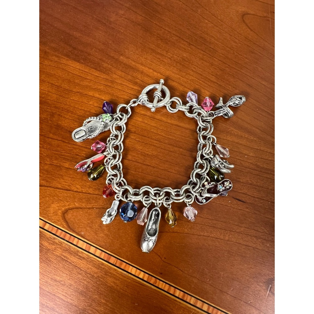 Vintage Shoe Charm Bracelet Silver Tone Toggle Clasp 925 Sterling Charms 7.75in